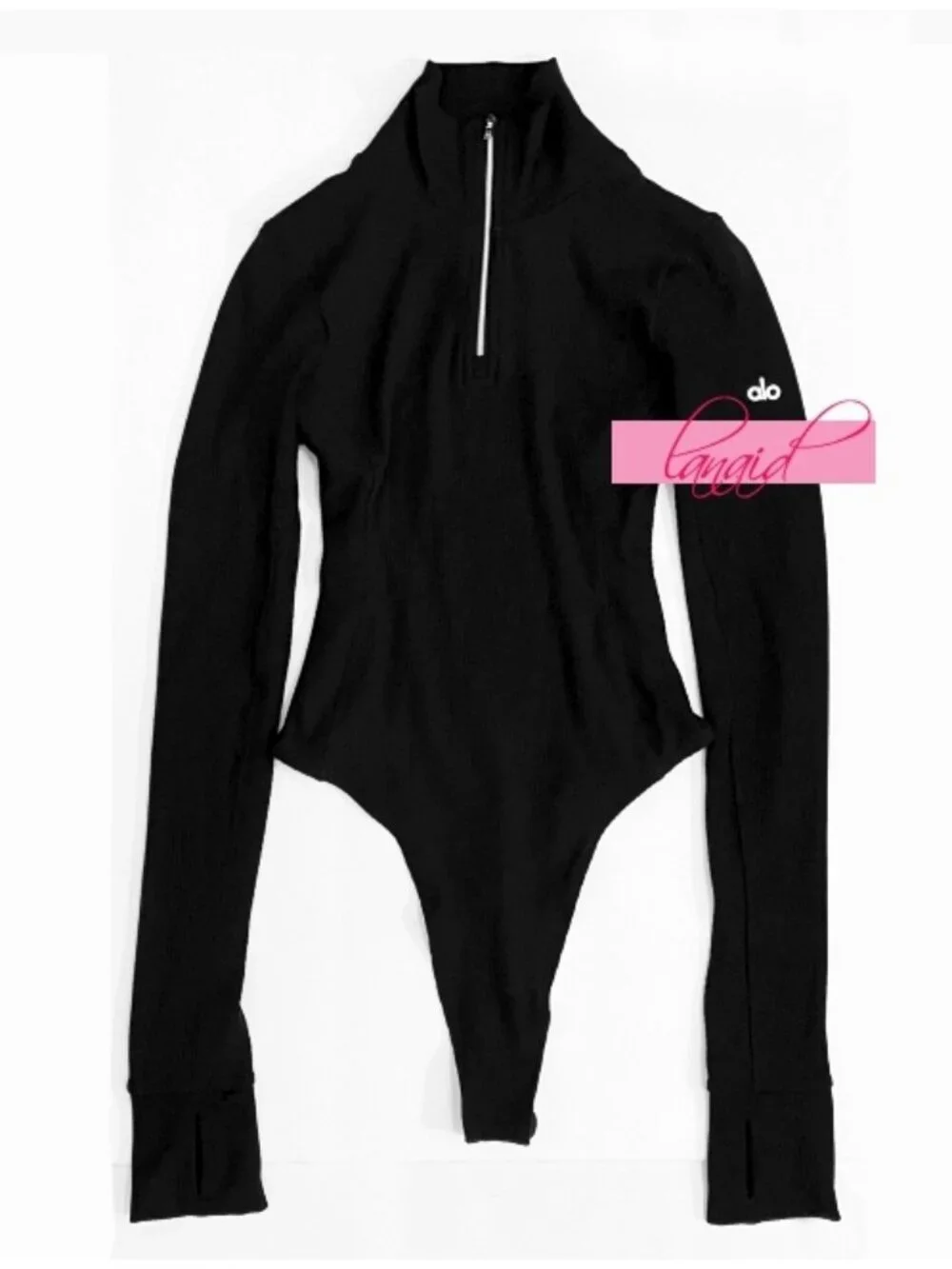 Alo Rise Up Long Sleeve Bodysuit Black Mock Neck Zip-Up Turtleneck Stretchy Rib